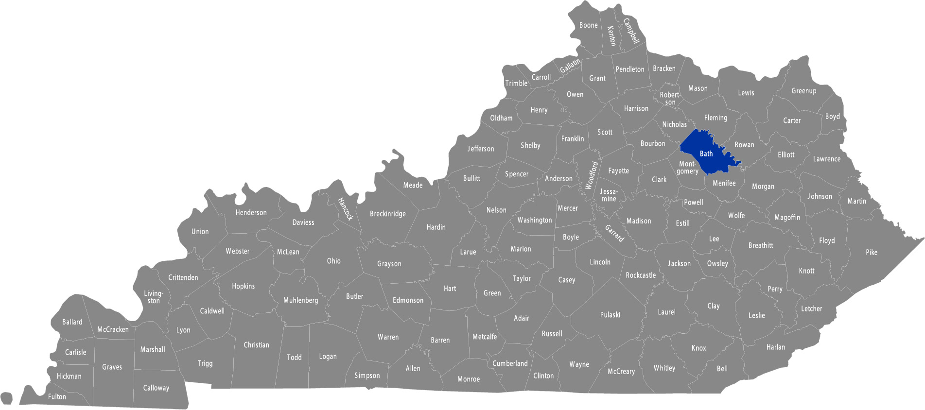State of Kentucky map with Bath County highlighted 